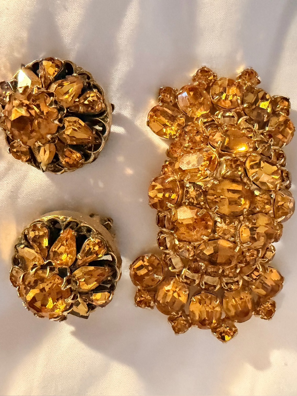 Vintage Amber Crystal Clip-On Earring and Brooch Set